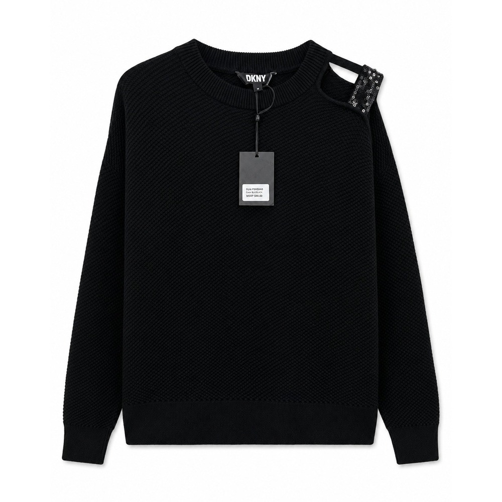 DKNY Sweater Womens Medium Black NEW Sequin Cold Shoulder Cotton Modern 1482U5